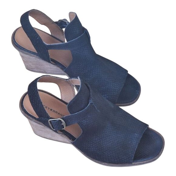 Lucky Brand Labradite Wedge Stack Heel Sandals Black Leather Snake Texture sz 11 - Picture 9 of 16